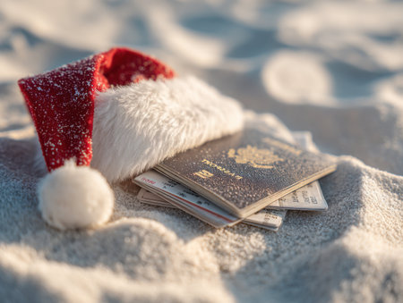 Santa Claus hat and passport on the white sand. Christmas concept.の写真素材