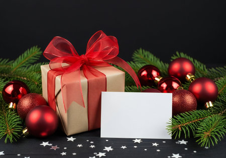 Christmas greeting card and gift box with red ribbon on black background.の写真素材