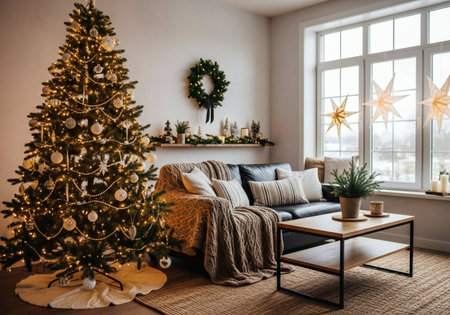 Christmas living room interior with Christmas tree, sofa, coffee table and decorationsの写真素材
