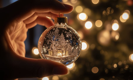Hand holding christmas glass ball with bokeh lights on backgroundの写真素材