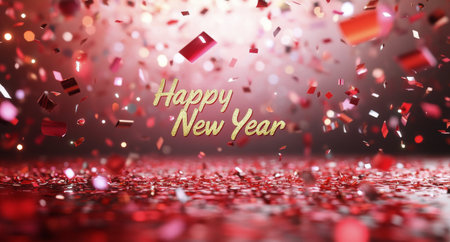 Happy new year background with falling red confetti. 3d renderingの写真素材