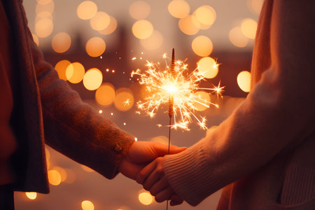 Close up of couple holding sparklers and bokeh on backgroundの写真素材