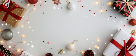 Christmas and New Year background. Festive decoration on white background. Flat lay, top view, copy space.の写真素材