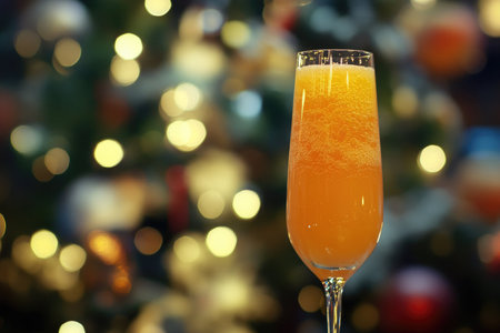 Glass of orange cocktail on blurred Christmas lights background, closeup viewの写真素材