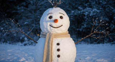 Snowman in winter forest at sunset. Christmas and New Year concept.
