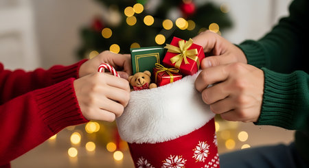 close up of man and woman hands holding christmas stocking with gifts