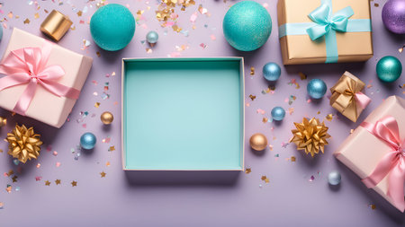 Christmas or New Year composition. Gift boxes, Christmas balls, confetti on pastel background. Flat lay, top view, copy spaceの写真素材