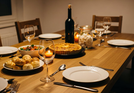 Table set for dinner with wine, food and snacks on wooden tableの写真素材