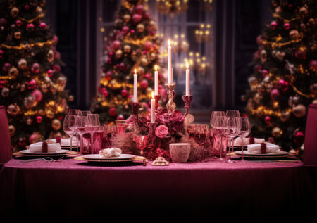 Christmas table setting with candles and festive decorations. Selective focus.の写真素材