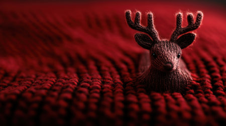 Christmas reindeer toy on red knitted background. Close up.の写真素材