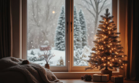 Christmas tree with gifts on the windowsill in winter. Christmas backgroundの写真素材