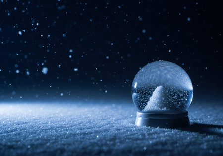 Snow globe on snowfall background. Christmas and New Year holiday concept.の写真素材