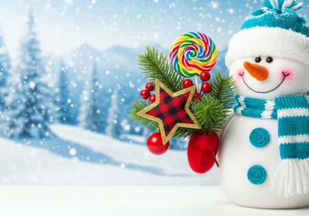 Christmas greeting card with snowman, candy and fir branch on snowy backgroundの写真素材