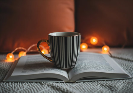 Coffee cup and book on the bed in the morning.の写真素材
