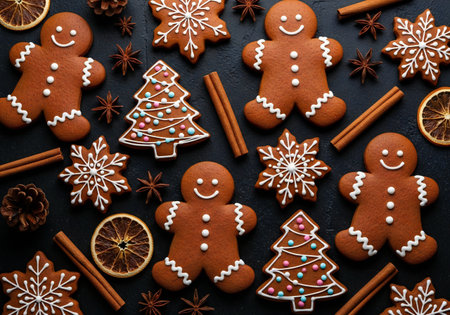 Christmas gingerbread cookies with spices on black background. Top view.の写真素材