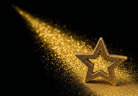 Golden glittering star on black background. Christmas and New Year conceptの写真素材