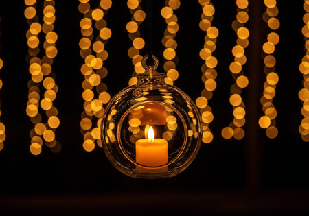 christmas decoration with burning candle in glass ball on bokeh backgroundの写真素材