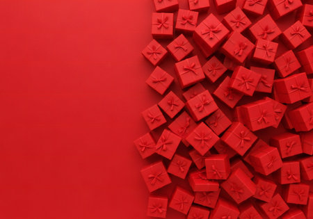 Red gift boxes on red background. Top view with copy space.の写真素材