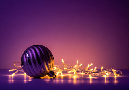 Christmas ball with garland on purple background. Christmas and New Year conceptの写真素材