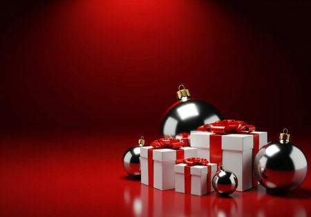 3d render of christmas gift boxes and baubles over red background