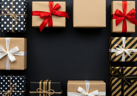 Top view of gift boxes with ribbons on black background with copy spaceの写真素材