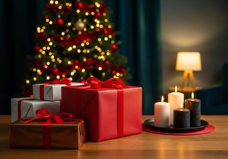 Christmas presents with candles on wooden table in front of christmas treeの写真素材