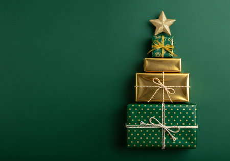 Christmas tree made of gift boxes on green background with space for textの写真素材