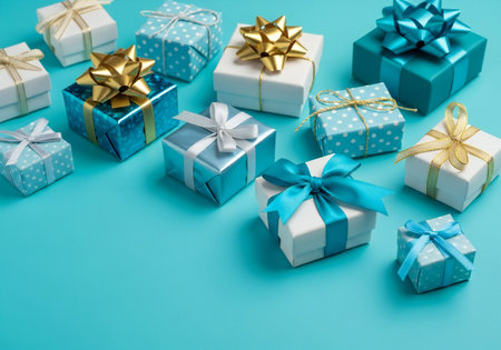 Gift boxes on blue background. Christmas, birthday, new year concept.