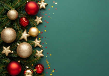 Christmas background with baubles and fir tree branches on green backgroundの写真素材