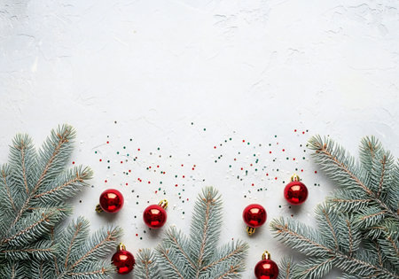 Christmas greeting card with fir branches and red baubles on white backgroundの写真素材