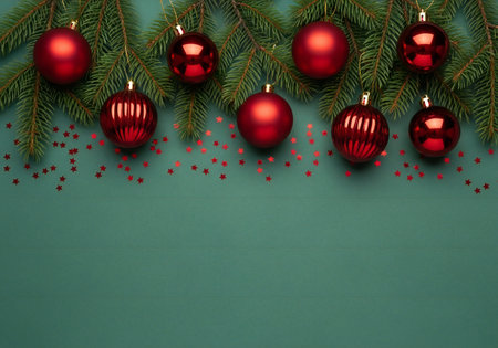 Christmas background with red baubles and fir branches on green background