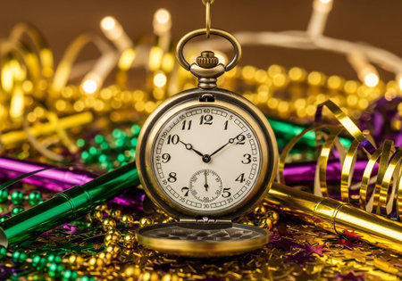 Pocket watch and christmas decoration on golden background. New year concept