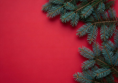 Christmas composition. Fir branches on red background. Flat lay, top view, copy spaceの写真素材