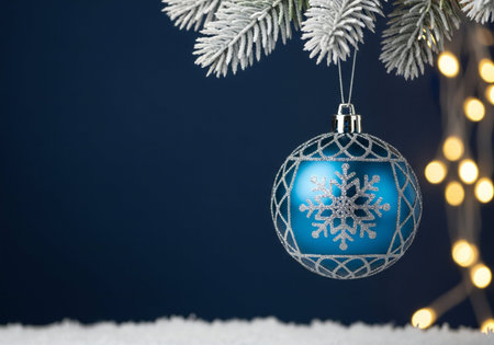Christmas decoration on a blue background with lights and snowflakes.の写真素材