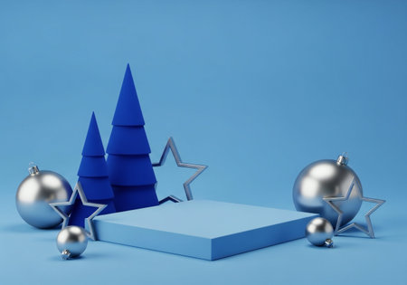 3d illustration of blue Christmas podium with Christmas tree and balls.の写真素材