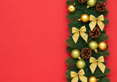 Christmas decoration on red background with copy space. Flat lay, top view.の写真素材