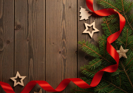Christmas background with fir branches, red ribbon and wooden stars. Top view with copy spaceの写真素材