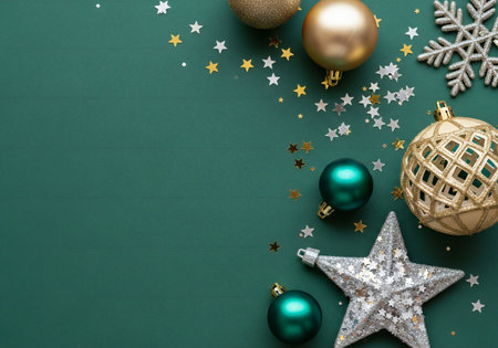 Christmas decoration on green background with copy space. Top view, flat lay.の写真素材