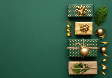 Christmas gift boxes on green background, top view. Space for textの写真素材