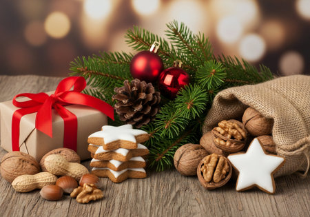 Christmas still life with gingerbread cookies, nuts and fir branches on wooden backgroundの写真素材