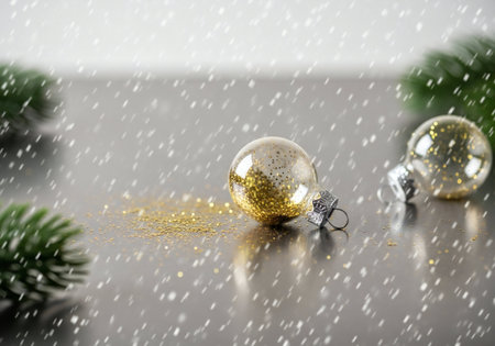 christmas decoration with fir tree and snowflakes on gray backgroundの写真素材