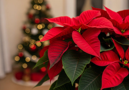 Poinsettia in front of a Christmas tree. Christmas and New Year concept.の写真素材