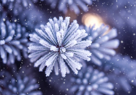 Christmas and New Year background with fir branches covered with hoarfrost