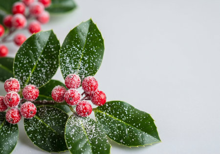 Christmas decoration with holly berry and snow on white background.の写真素材