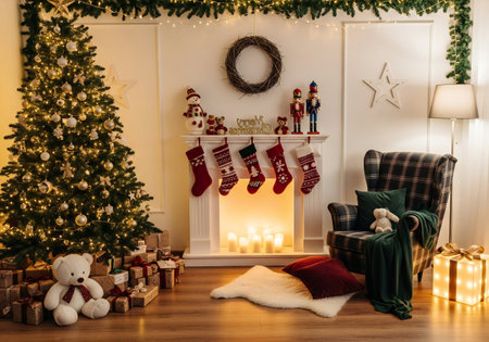 Christmas living room interior with fireplace, Christmas tree, presents and fireplaceの写真素材