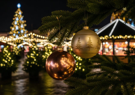 Christmas market in Riga, Latvia. Decorated Christmas trees and lights.