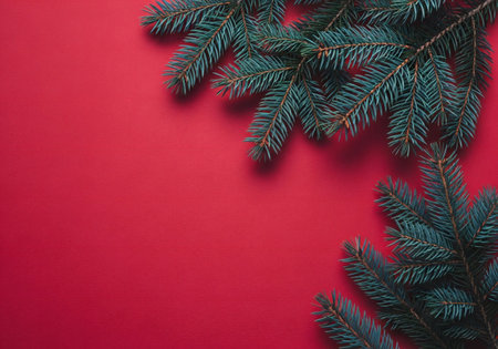 Fir branches on red background. Flat lay, top view, copy spaceの写真素材