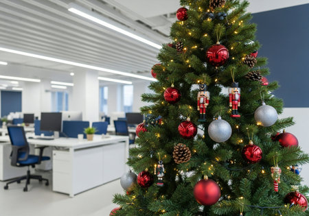 Christmas tree with decorations and lights in modern office, christmas backgroundの写真素材