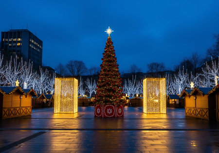 Christmas tree in the center of Vilnius at night, Lithuaniaの写真素材