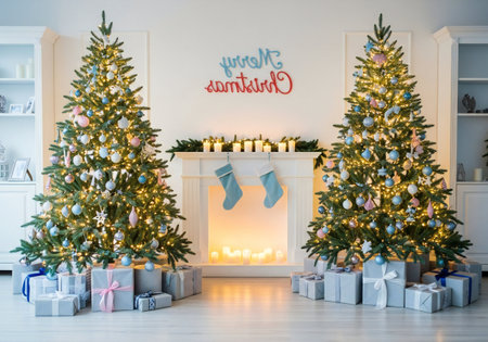 Christmas tree with presents and fireplace in the living room at home.の写真素材